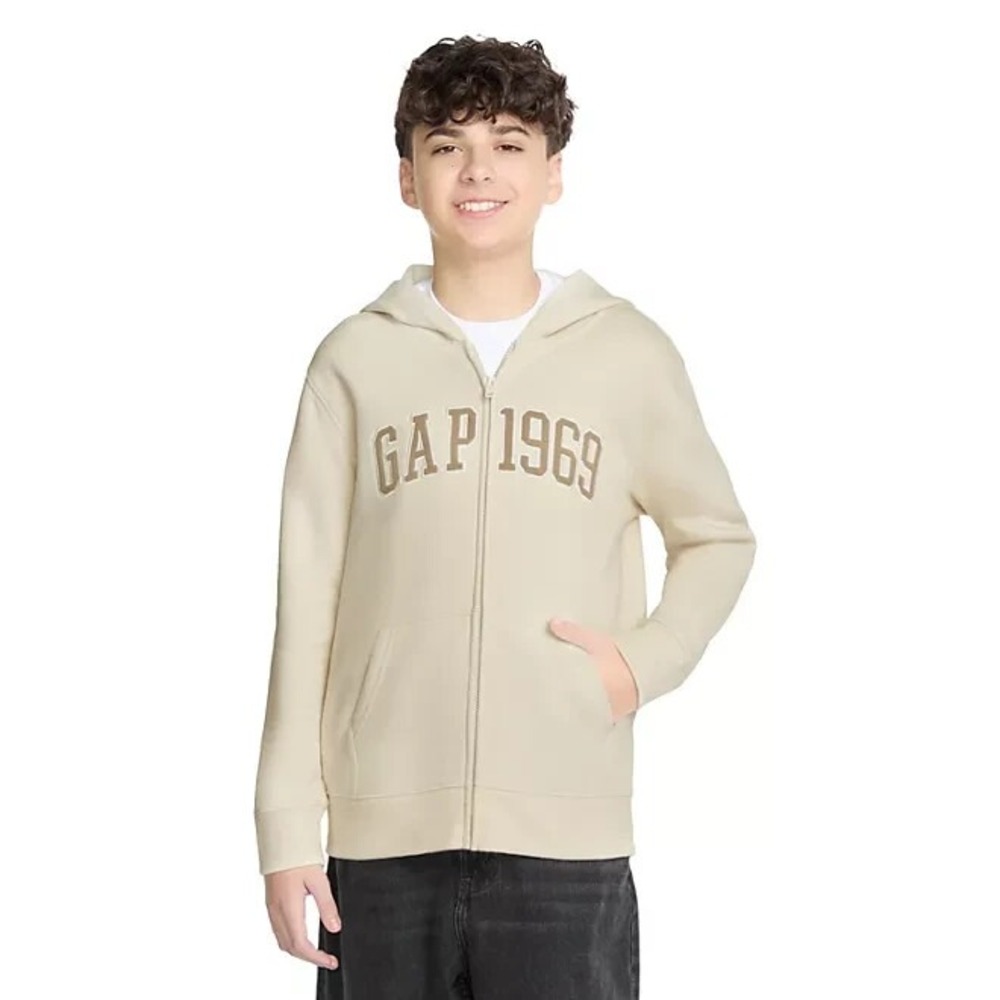 Gap Kids Unisex Full Zip Fleece Hoodie Size M 8 Birch Beige Logo Sweatshirt